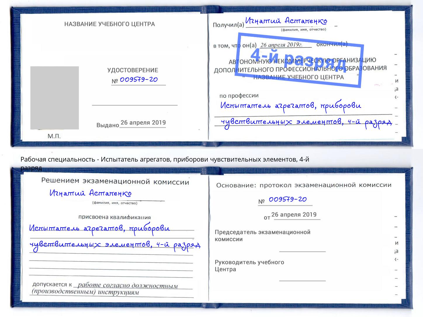 корочка 4-й разряд Испытатель агрегатов, приборови чувствительных элементов Северск