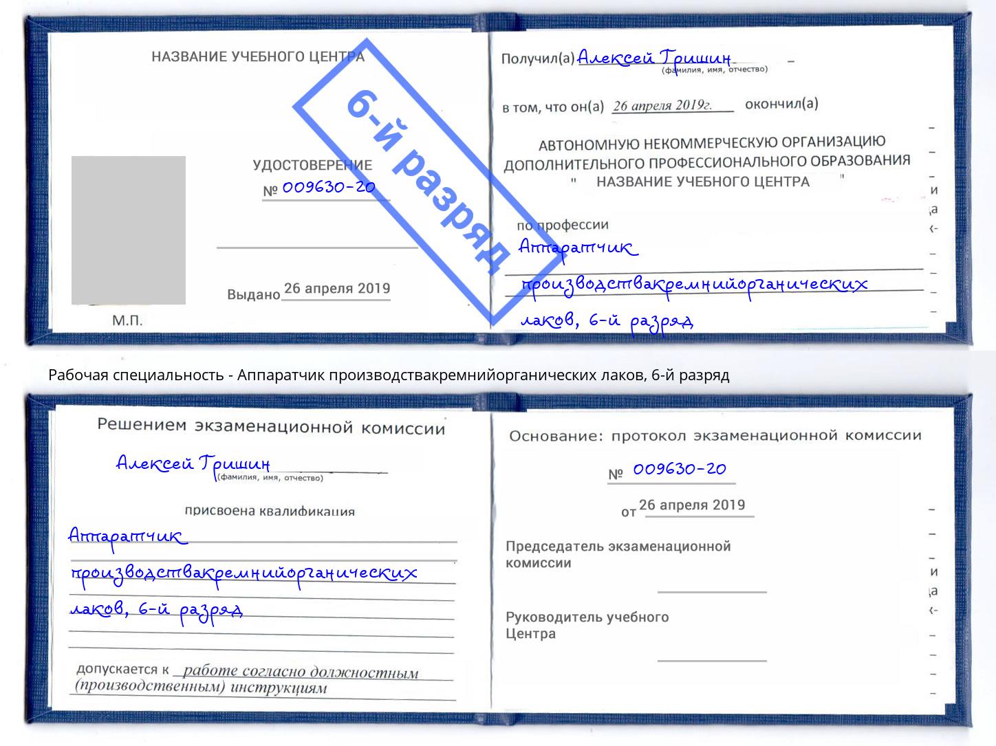 корочка 6-й разряд Аппаратчик производствакремнийорганических лаков Северск