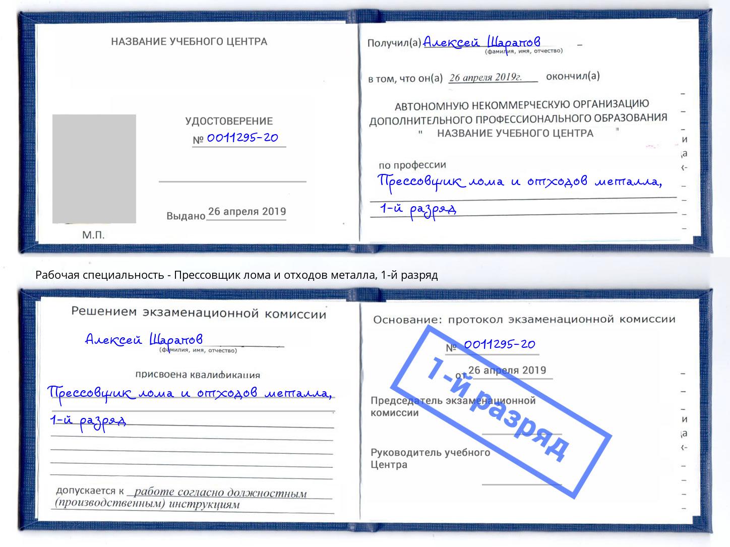 корочка 1-й разряд Прессовщик лома и отходов металла Северск